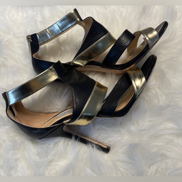 Jimmy choo ankle heels sandal, black& gold straps with zip at the back - Picture 1 of 3